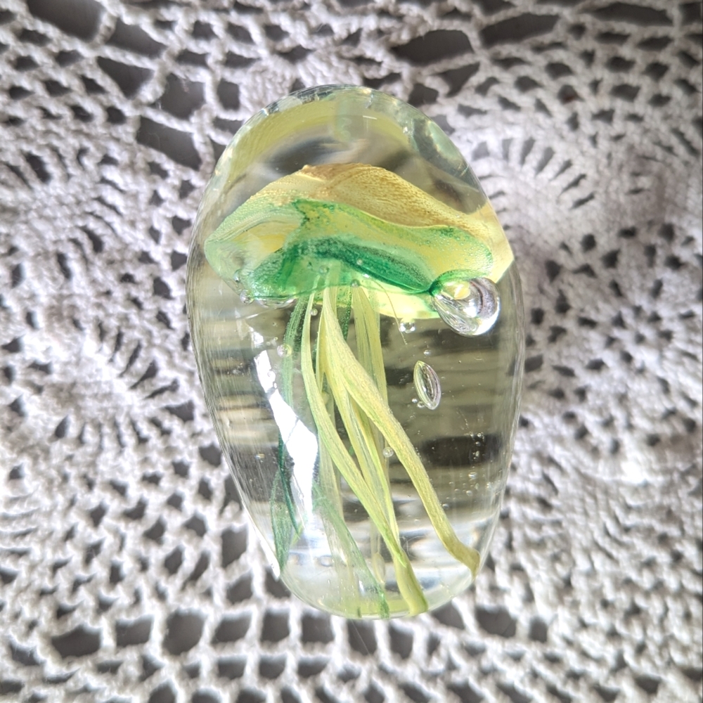 Jellyfish Paperweight Glow in The Dark Green and Yellow Heavy Glass Art